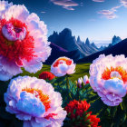 Colorful peonies bloom against dark mountains and a blue sky