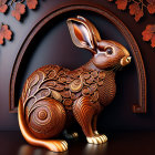 Intricate metallic rabbit sculpture with swirls and leaf motifs against dark backdrop