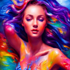 Colorful portrait of woman with multicolored hair and body paint on blue backdrop