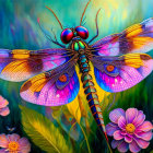 Colorful Dragonfly Illustration with Detailed Wings on Green and Pink Background