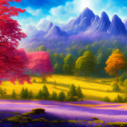 Colorful Fantasy Landscape with Trees, River, Flowers, Sunbeams, and Mountains