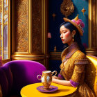 Illustration of woman in yellow dress at table in luxurious room with Eiffel Tower view