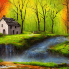 Tranquil small house by stream in autumn forest