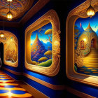 Colorful artwork of ornate corridor with arches and whimsical landscapes, person wandering.