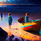 Children explore colorful boat on sunset-lit shore
