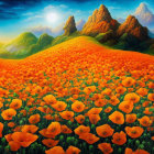 Lush Orange Poppy Field with Rolling Hills and Sunny Sky