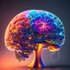 Vibrant human brain tree illustration on gradient background