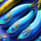 Vibrant blue and gold paisley bananas on purple background with butterflies