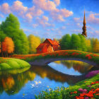 Tranquil river scene with stone bridge, house, spire, trees, flowers, and sw