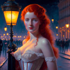 Red-haired woman in historical dress stands by lamppost on busy evening street