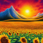 Colorful landscape with snow-capped mountains, sunflowers, and stylized sun eye.