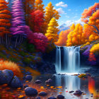 Colorful autumn landscape with waterfall and serene pond