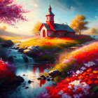 Colorful Landscape with Church, Stream, Flowers, Mountains, and Cherry Blossom Tree