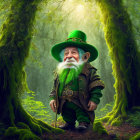 Elderly man in leprechaun costume in lush green forest