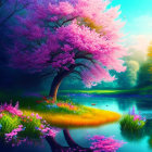 Colorful landscape: Pink blossoming tree, river, greenery, flowers, sunlight, birds