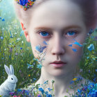 Surreal portrait of young girl with floral paint, rabbits, and vibrant flowers