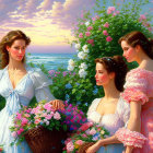 Vintage dresses women with flowers at sea shore landscape.