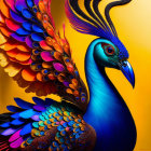 Colorful Peacock Digital Artwork on Yellow Background