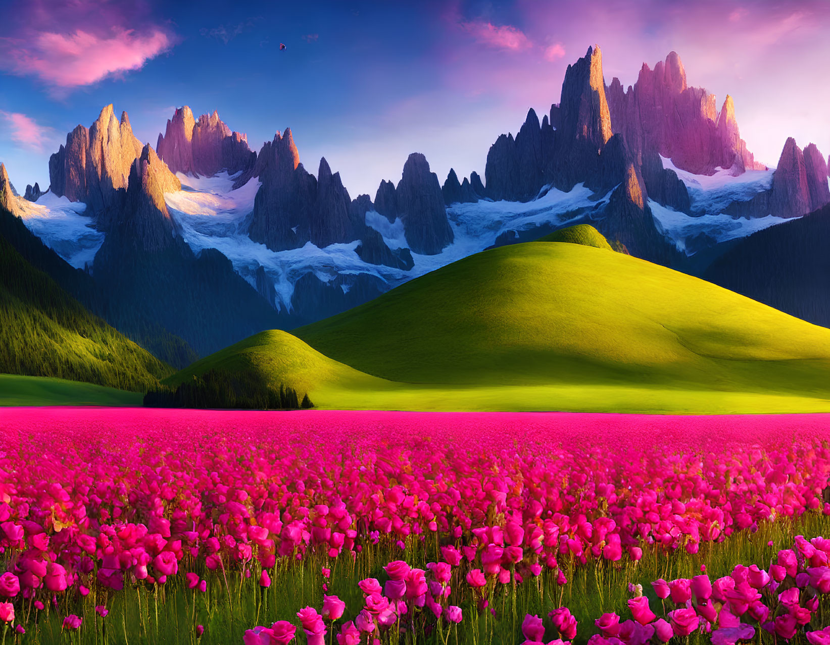 Scenic wildflower field with pink blooms, lush green hills, and jagged mountain peaks against a