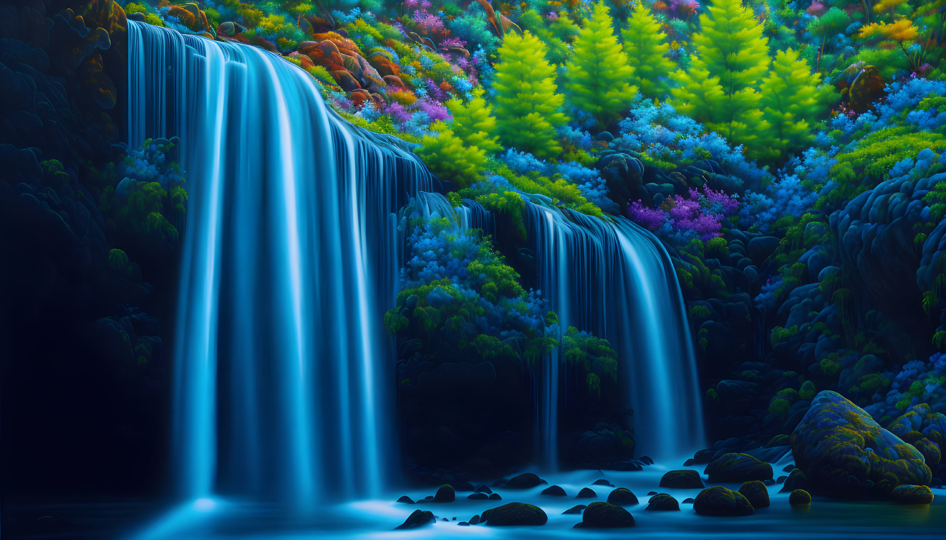 Neon blue waterfall cascading over cliffs at night surrounded by fluorescent flora