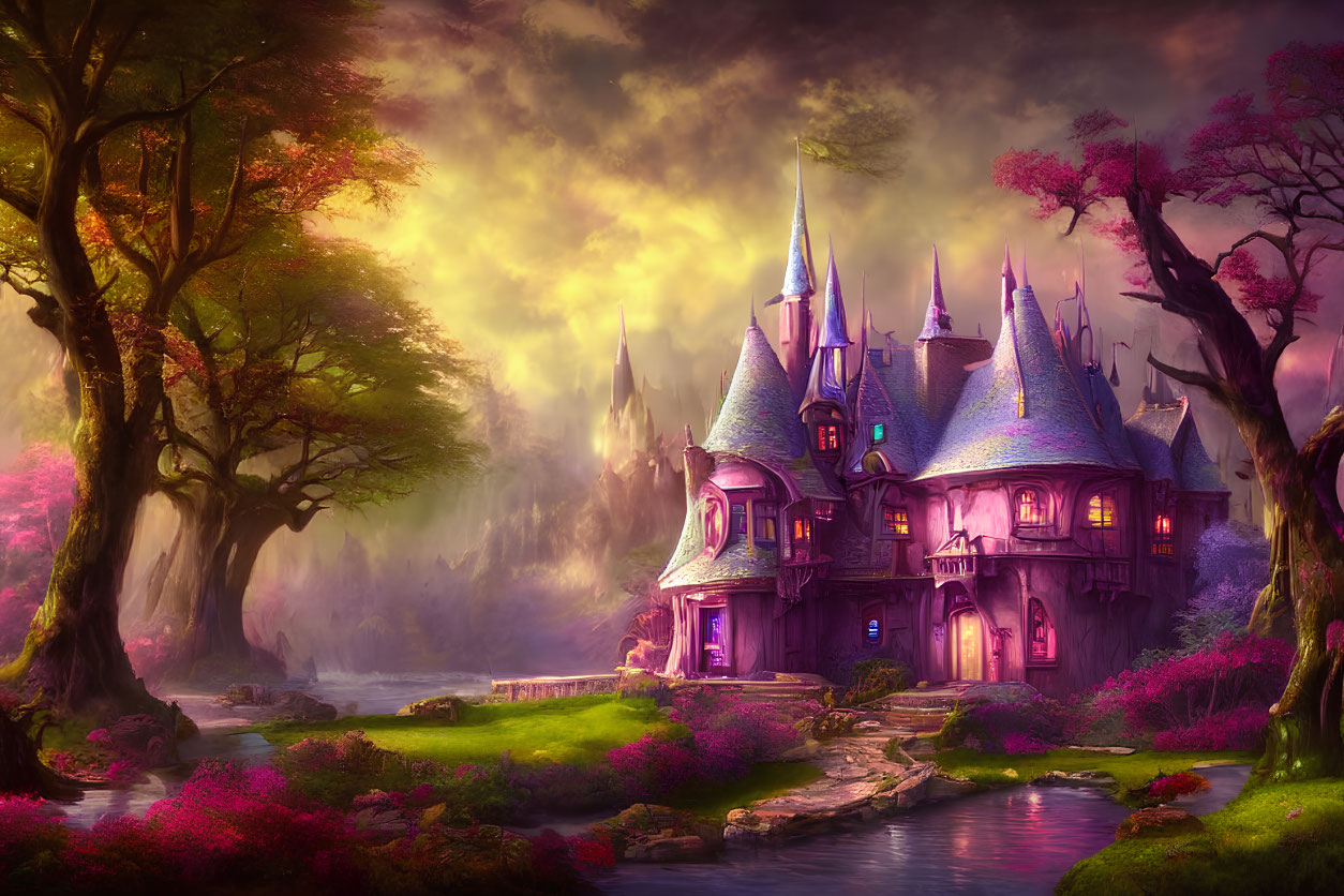 Enchanting Fairytale Castle in Pink Forest at Sunset