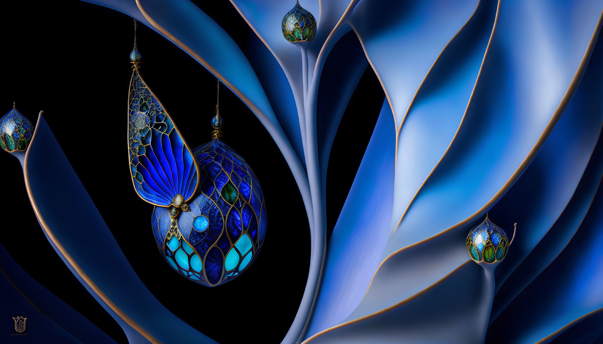 Abstract digital artwork: Elegant blue petals, intricate ornamentation, glowing lanterns on dark backdrop