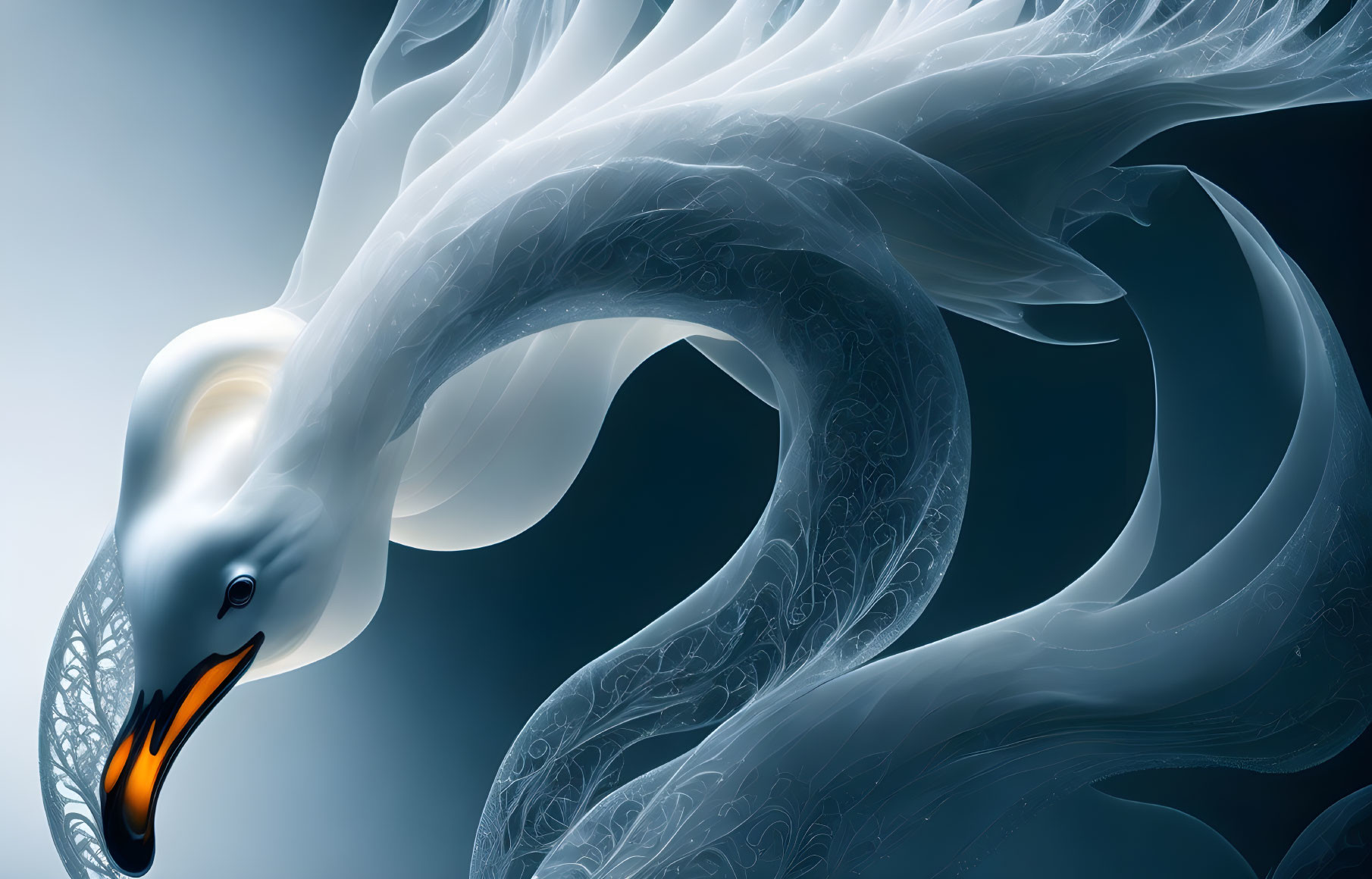 Abstract swan artwork with ornate feathers on smooth background