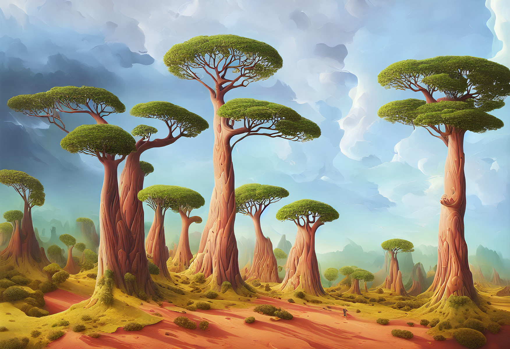 Fantasy landscape with towering trees and blue skies