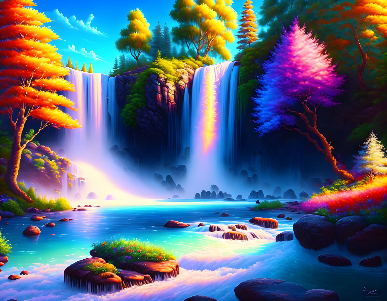 Fantastical dual waterfall landscape with rainbow and colorful trees reflecting in serene blue river