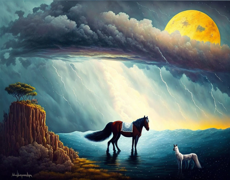 Horse and dog near water under dramatic sky with yellow moon.