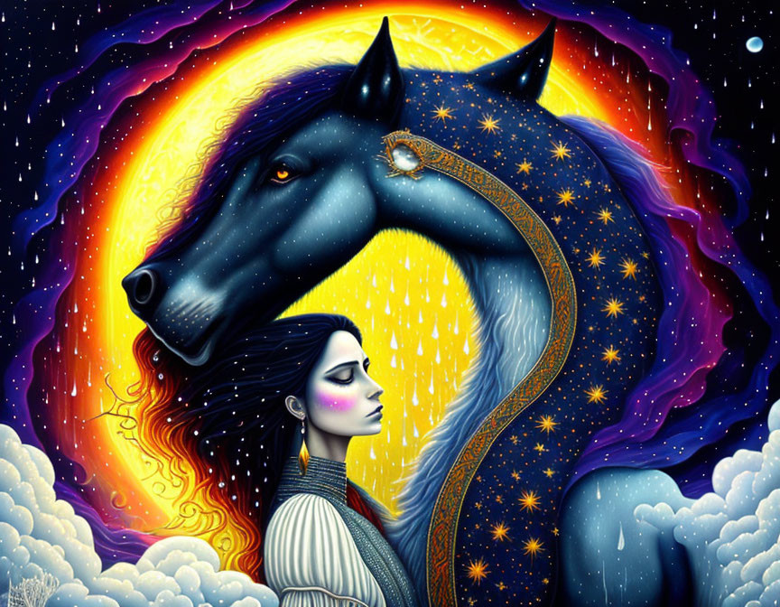 Woman and horse in cosmic scene with celestial bodies and falling stars