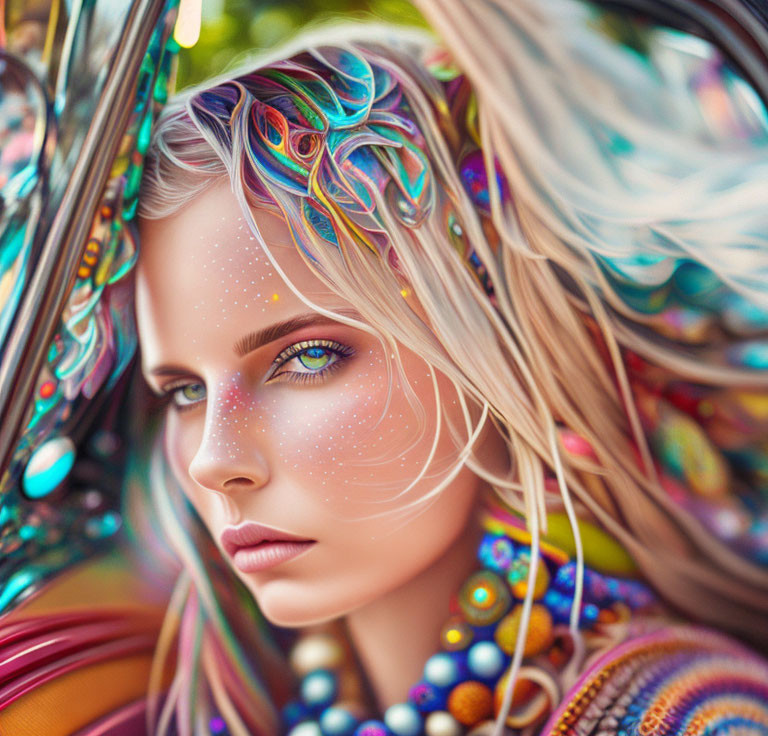 Colorful digital artwork featuring a woman with vibrant, multicolored hair and intricate surreal elements