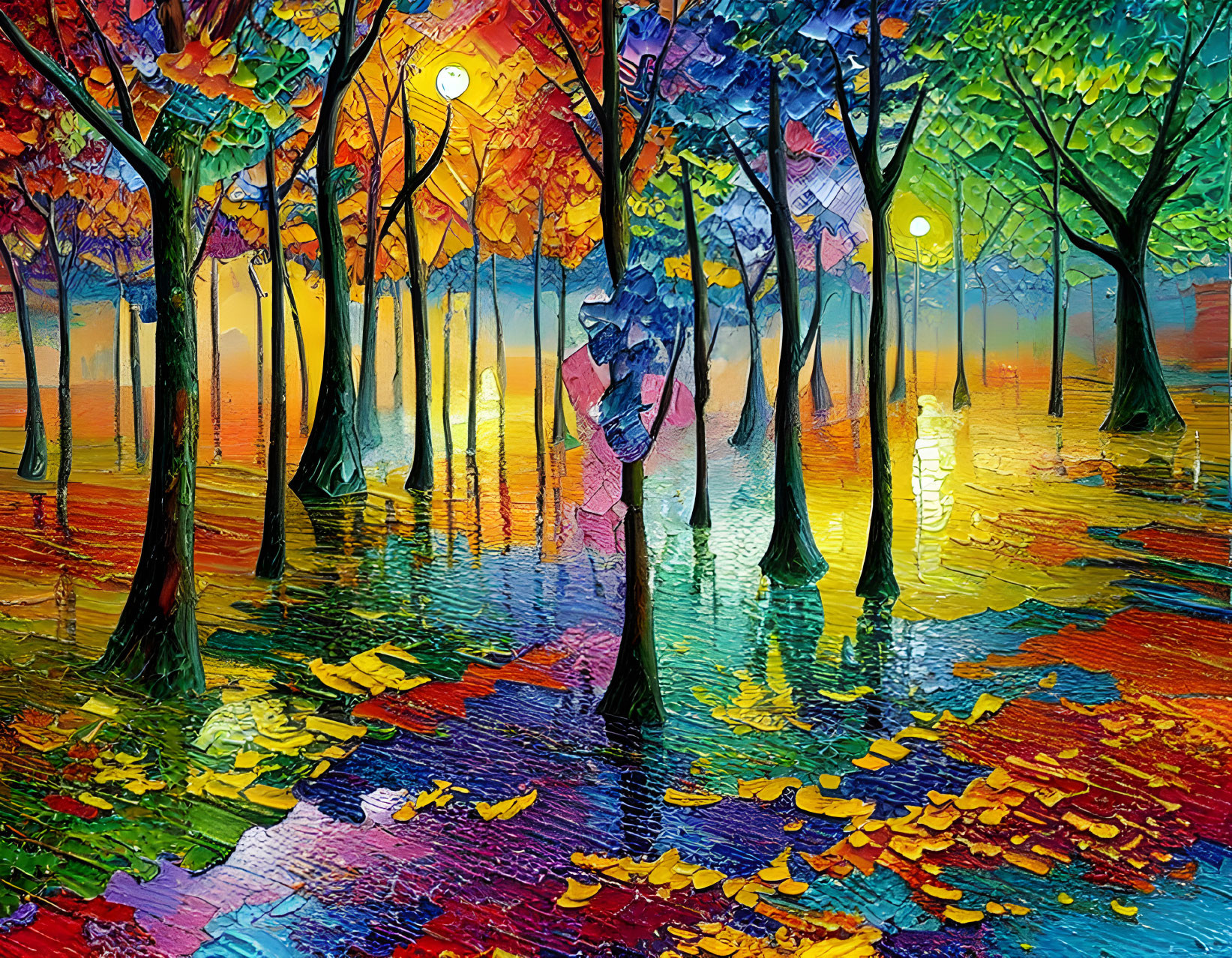 Colorful Impressionistic Painting: Person with Umbrella in Rainy Forest