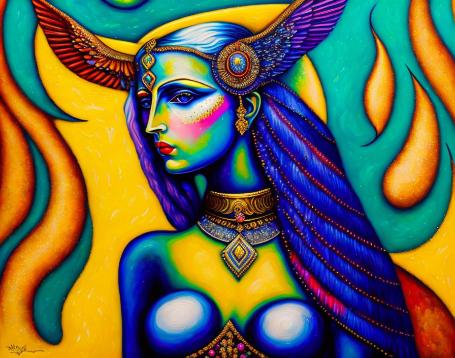 Mythical female figure with blue skin and gold jewelry on fiery yellow background