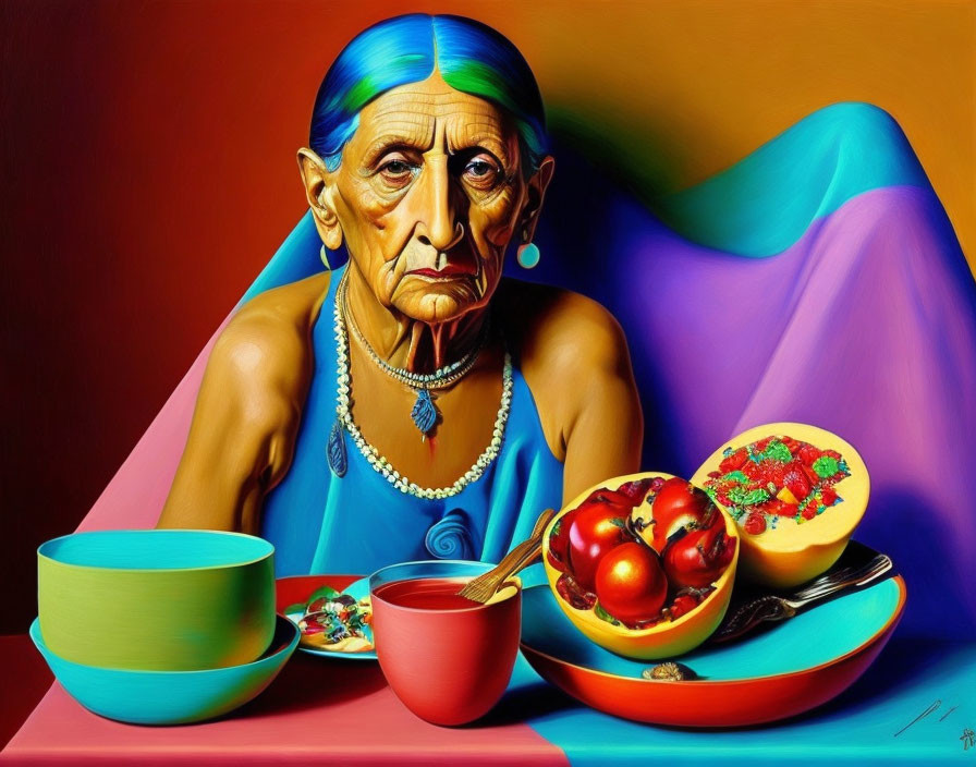 Elderly woman with striking features and vibrant bowls of food on table