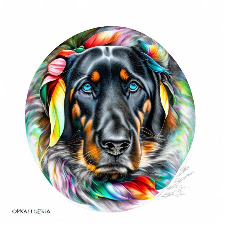 Vibrant circular artwork showcasing detailed dog portrait with swirling patterns