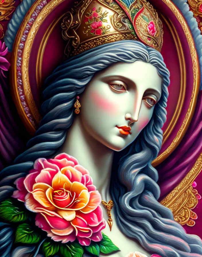 Vibrant portrait of a woman with crown and floral adornments