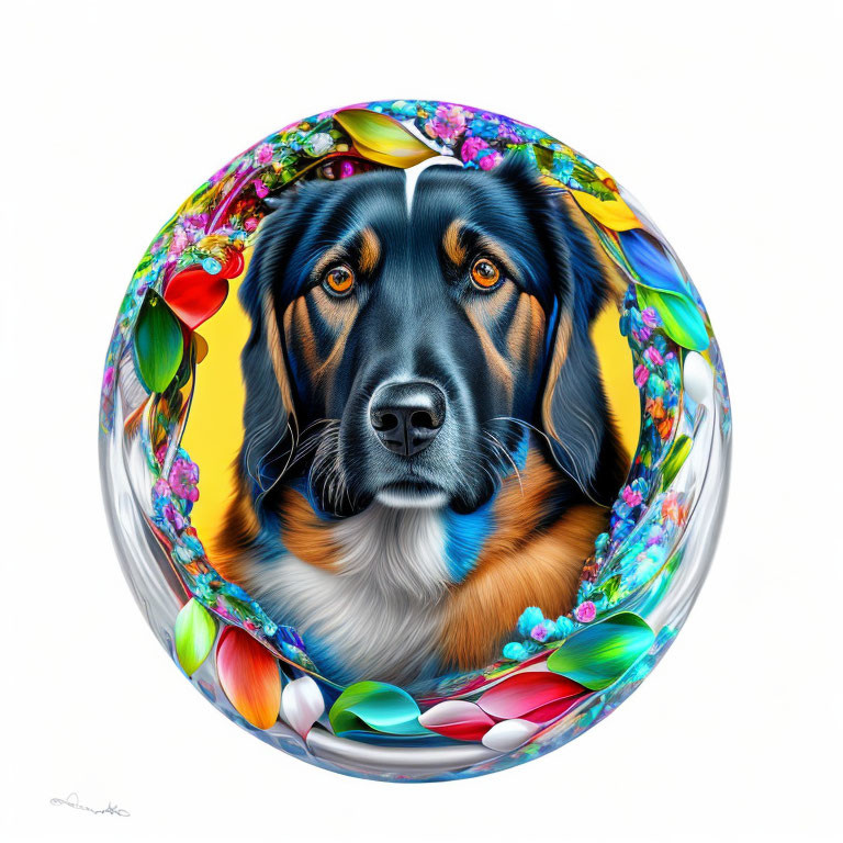 Colorful Floral Sphere Frames Dog's Soulful Eyes