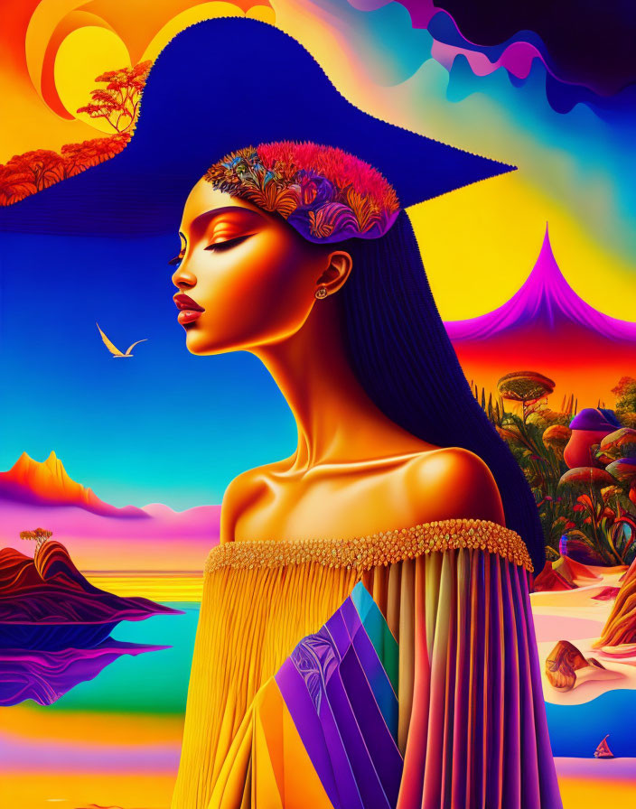 Digital art: Serene woman with floral headpiece in surreal landscape