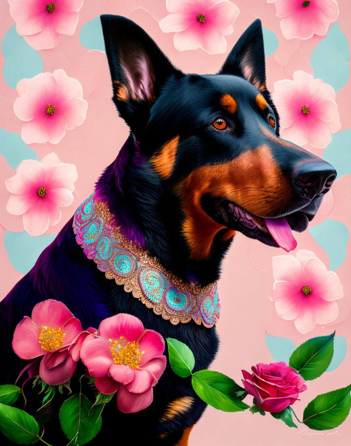 Shiny black and tan dog with decorated collar on pink background with flowers