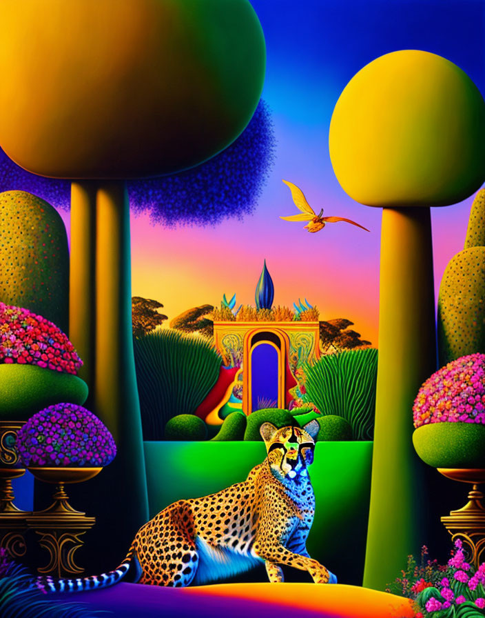 Colorful Fantasy Landscape with Leopard, Dragonfly, Peacock, and Ornate Gate