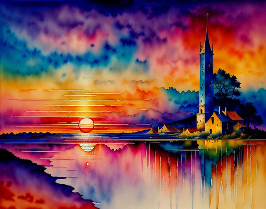 Colorful Watercolor Painting: Sunset Silhouette of Church Spire by Lake