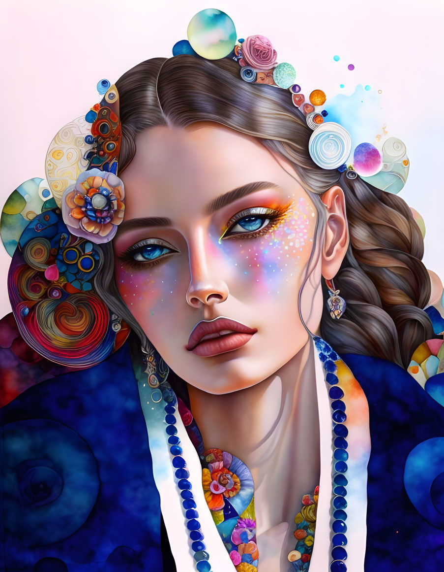 Colorful digital artwork of a contemplative woman with elaborate hair and floral motifs on a cosmic background