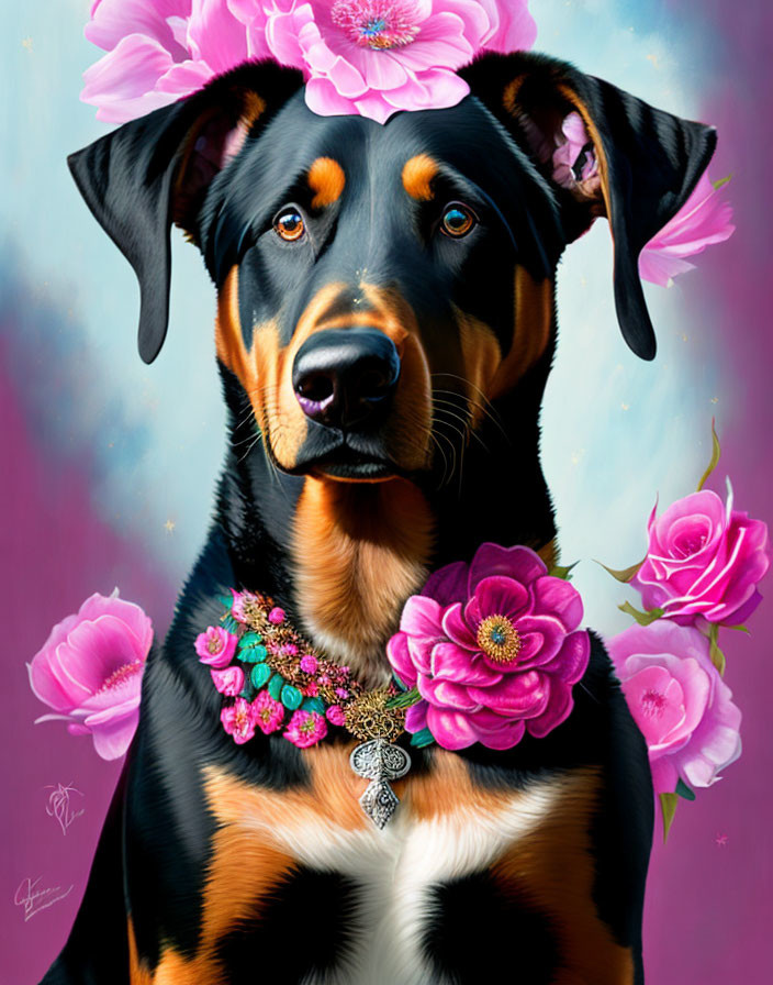 Colorful Doberman Pinscher portrait with floral crown and necklace on pink backdrop.