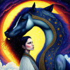 Woman and horse in cosmic scene with celestial bodies and falling stars