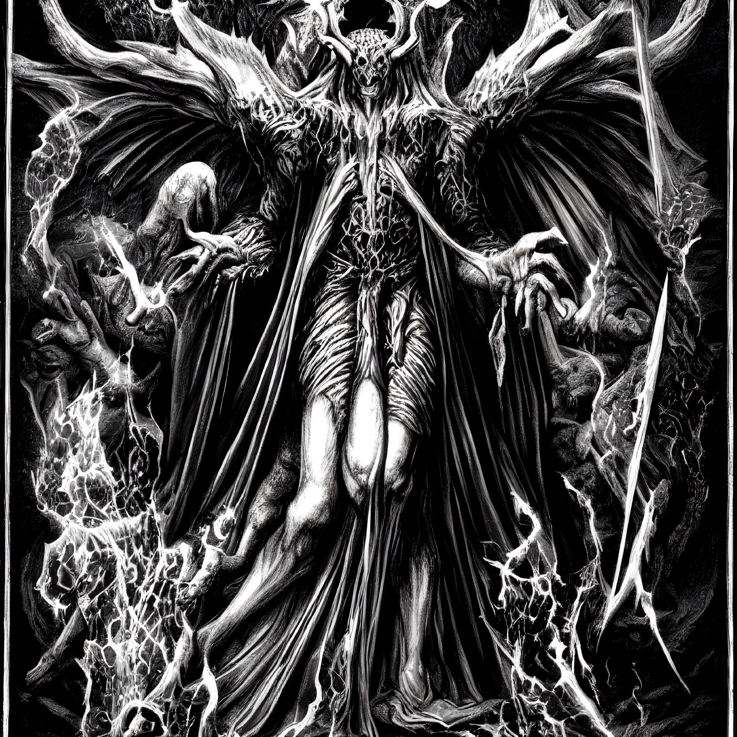 Monochrome artwork of skeletal winged figure in swirling energy