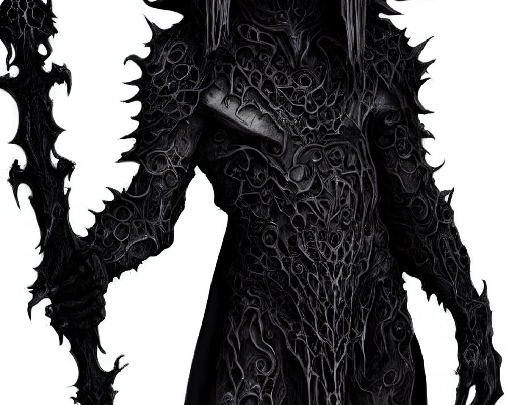 Sinister fantasy figure in dark armor with spiked shoulders and barbed staff