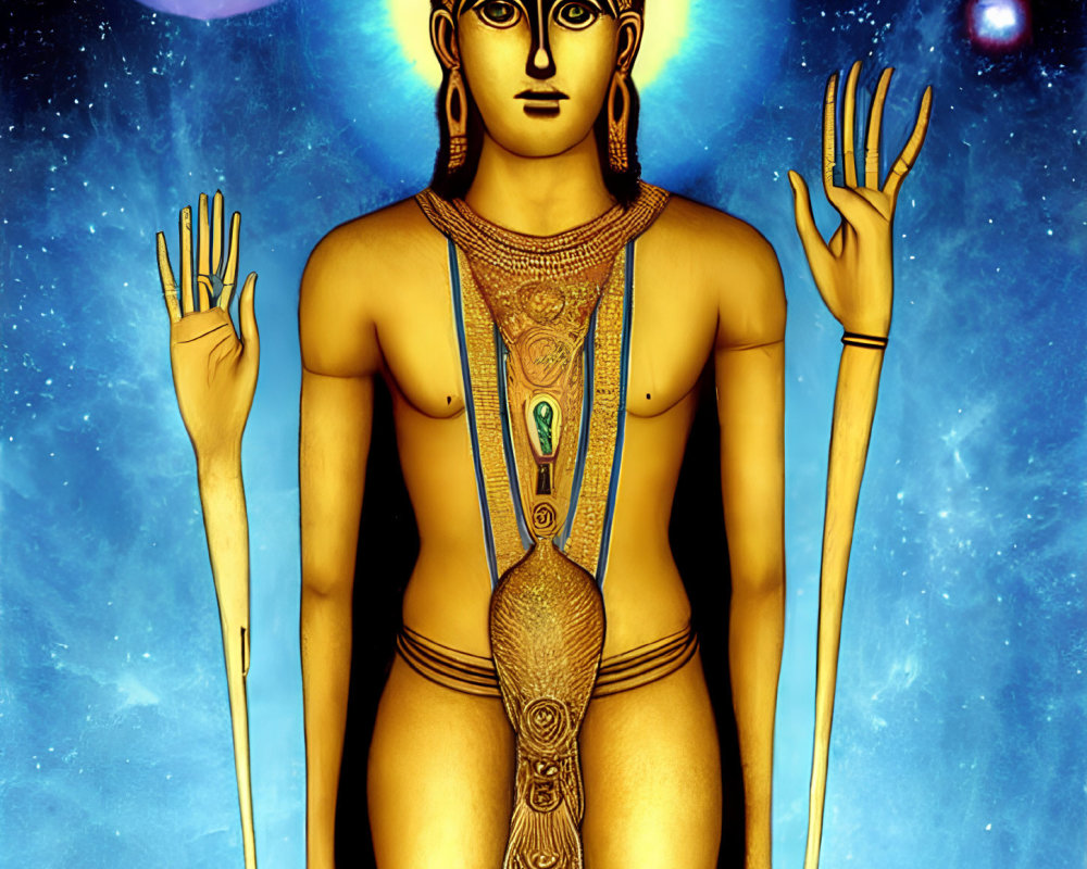 Golden four-armed humanoid with cosmic background and halo aura