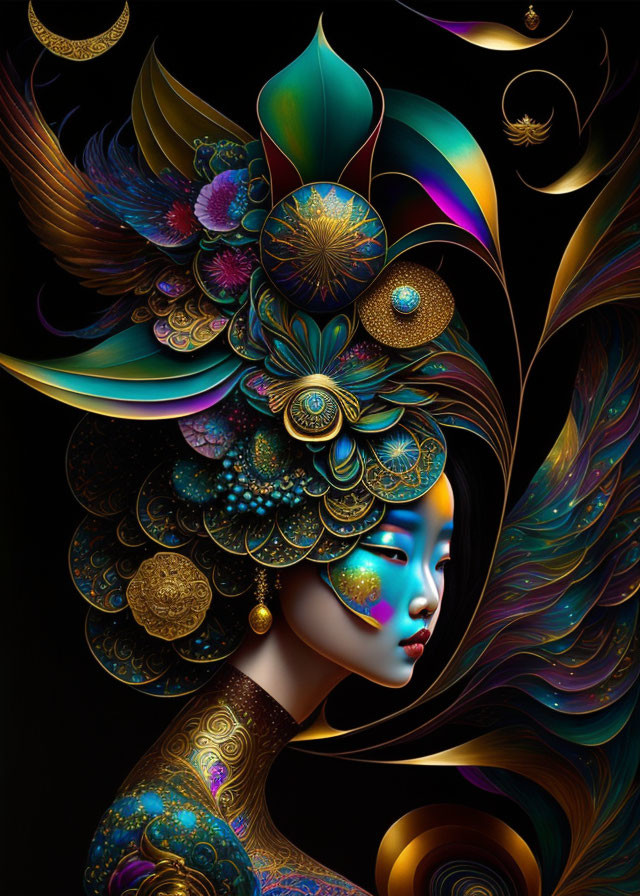 Colorful ornate headdress on woman in decorative design with gold accents