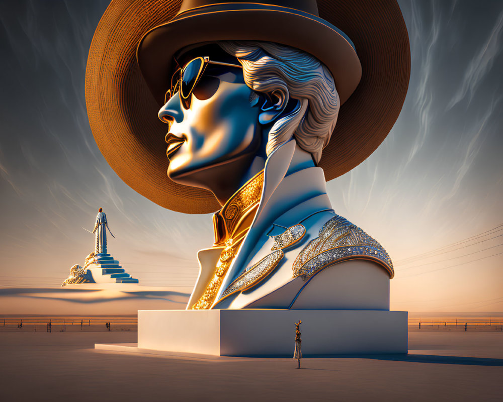 Monumental golden statue of stylized woman in desert landscape